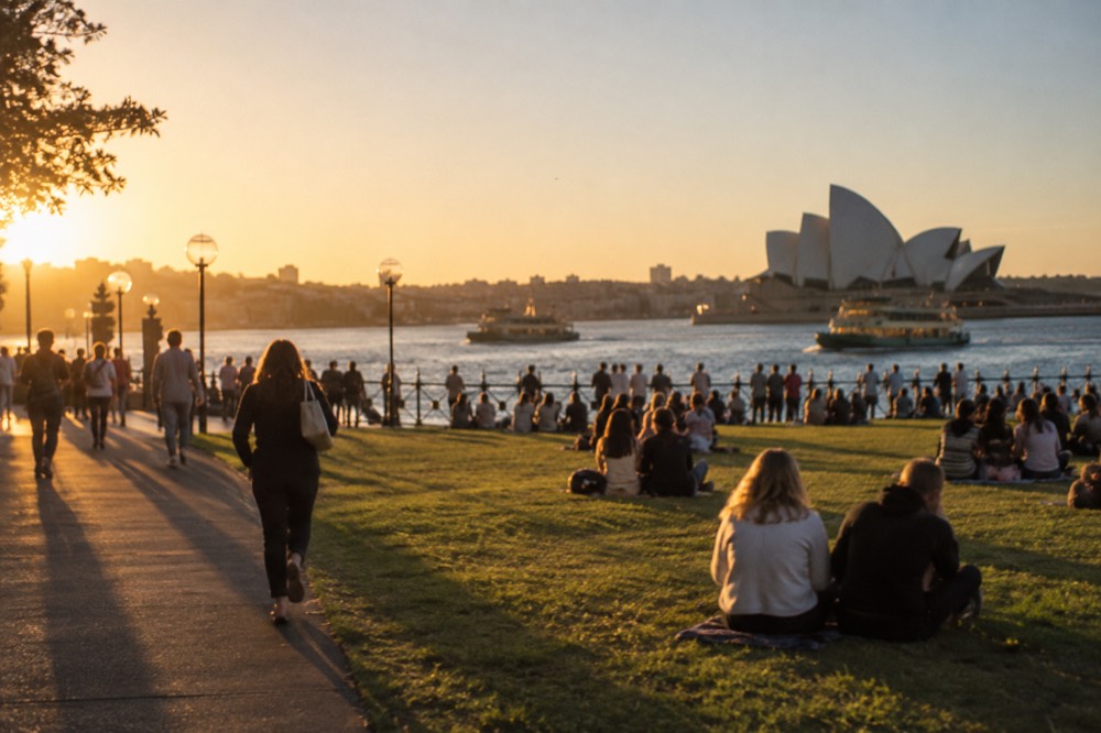 Crowded harbour foreshore lawns with the Sydney Opera House in the background