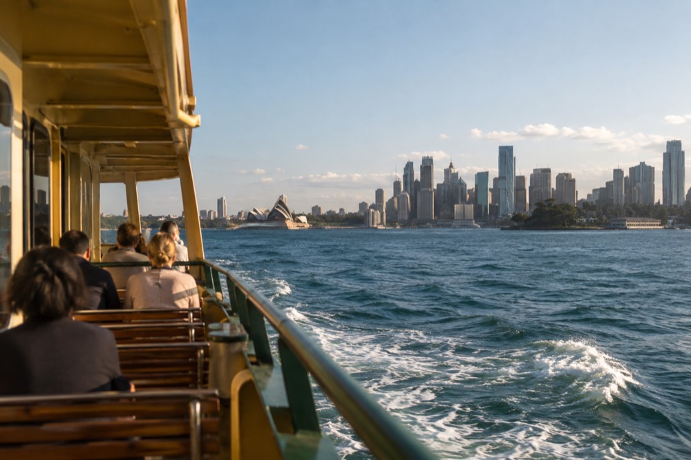 Ferry crossing open harbour water toward the city skyline at midday