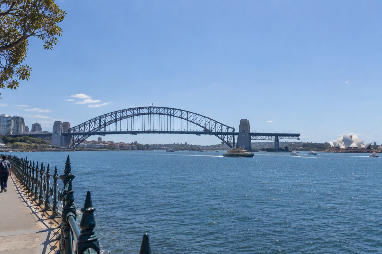 Sydney Harbour foreshore with the Opera House and Harbour Bridge under a clear sky