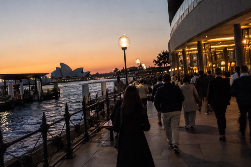 Evening crowds walking toward a lit concert hall entrance