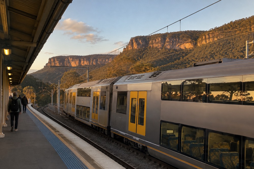 A double-decker train at a platform in the Blue Mountains with sandstone cliffs behind it