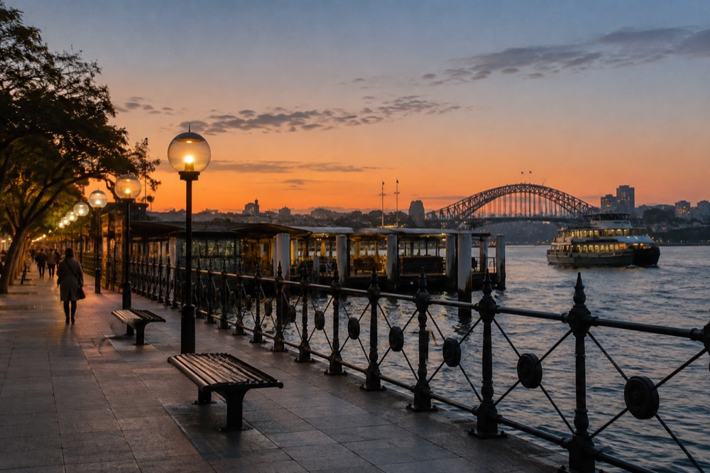 A sandstone harbour foreshore path at golden hour with the bridge in the distance