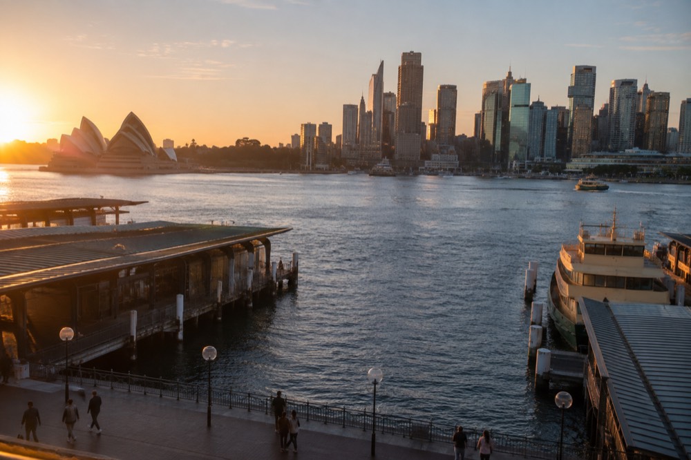Sydney's skyline at dusk from across the water, with warm evening light on buildings and calm harbour conditions.