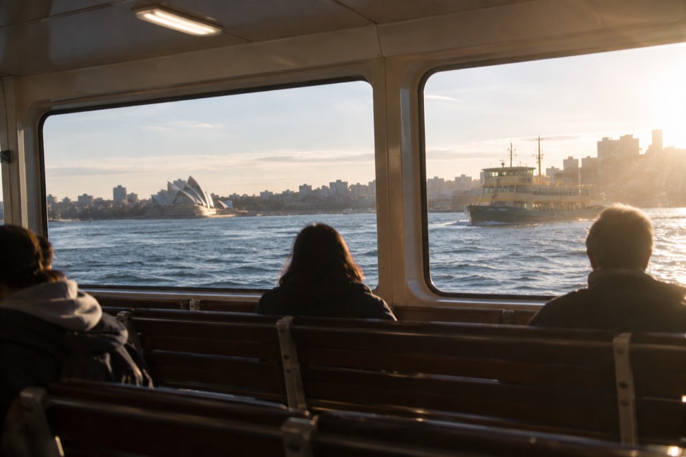 A covered ferry cabin interior with wide windows looking out over harbour water