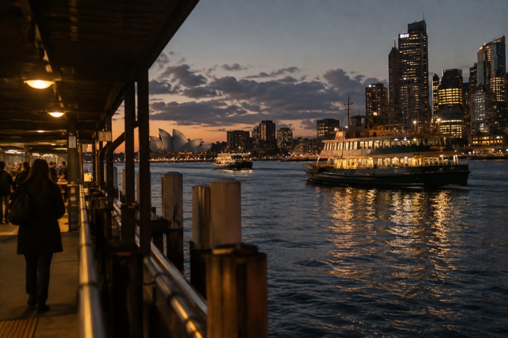 City lights reflecting in Sydney Harbour with ferries and the illuminated skyline at dusk