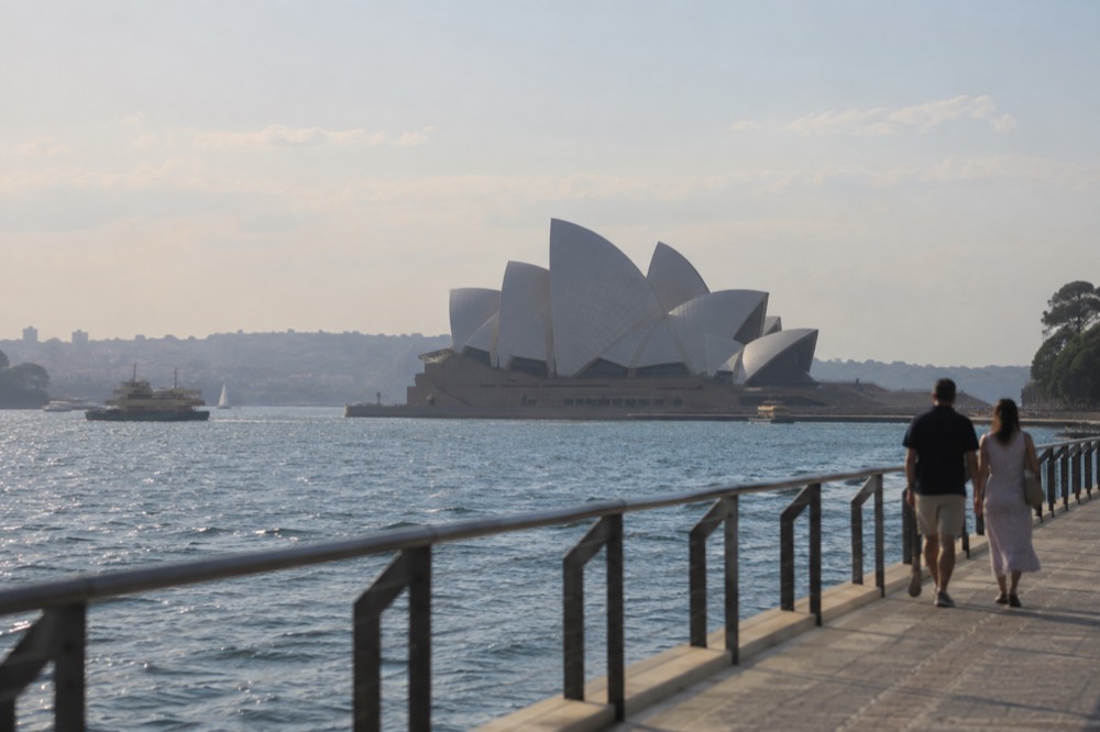 City skyline and Opera House seen across the water from a north shore harbour park at sunset