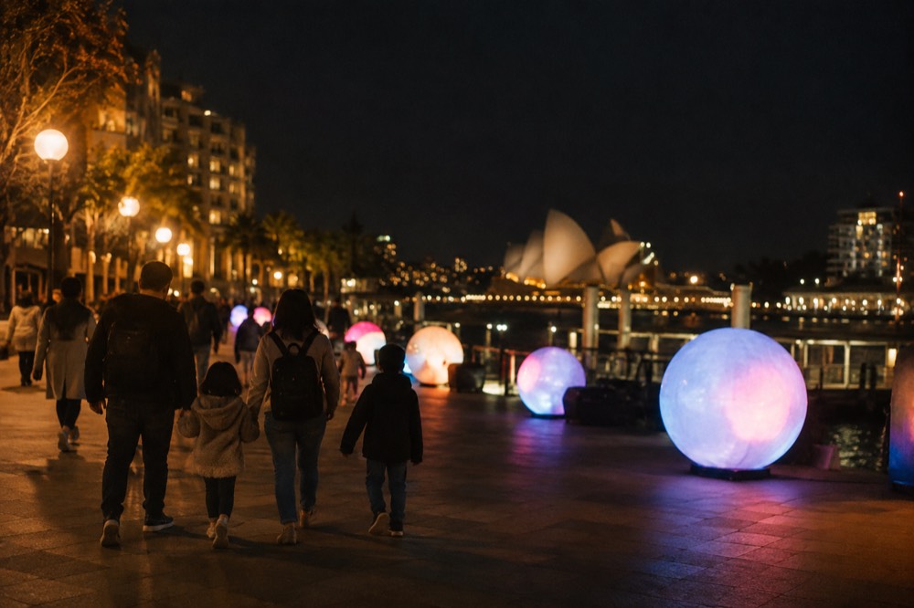 Families walking past glowing light installations on a harbourside promenade at night