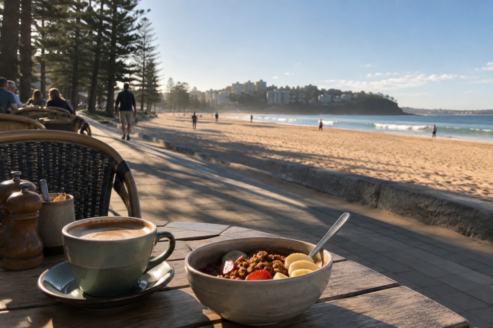 Beachside lunch tables along the Manly corso near the ferry wharf
