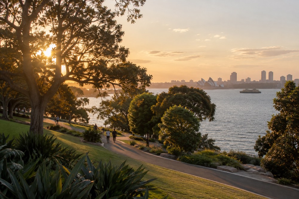 Garden paths and harbour water at the Royal Botanic Garden Sydney