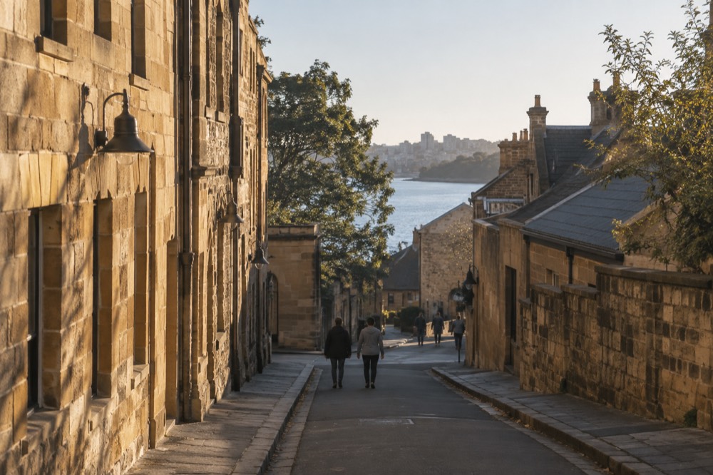 The sandstone buildings and laneways of The Rocks district in morning light