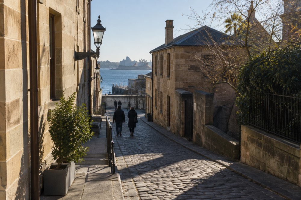 Sandstone buildings and cobbled lane in The Rocks district