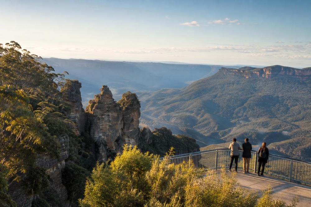 Blue Mountains escarpment and forested valley viewed from a Katoomba lookout