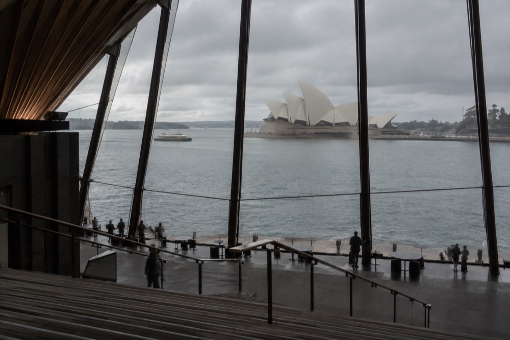 Sydney Opera House foyer with stairs and harbour windows