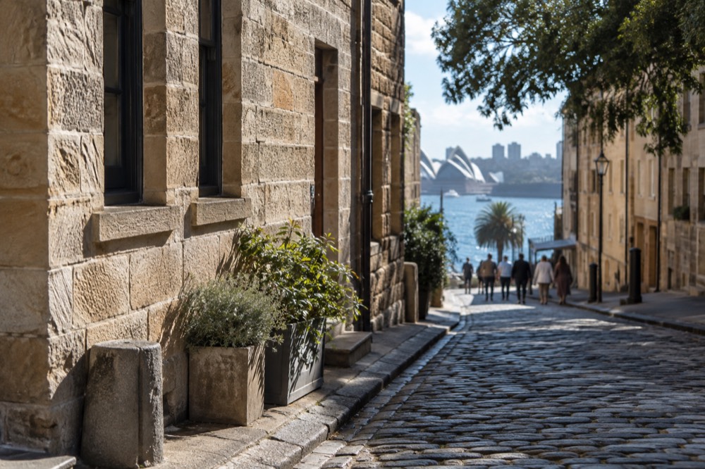 Sandstone buildings and cobbled lane in The Rocks at midday