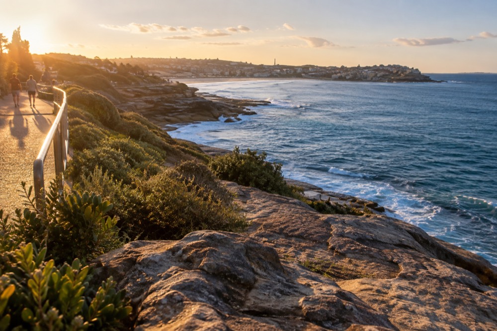 The Bondi to Coogee coastal path curving above blue ocean and sandstone cliffs