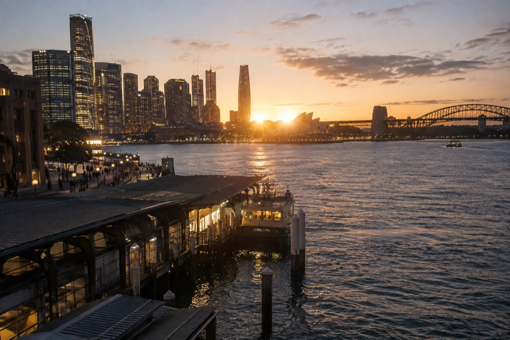 Sydney city skyline at dusk with apartment lights reflecting over the harbour