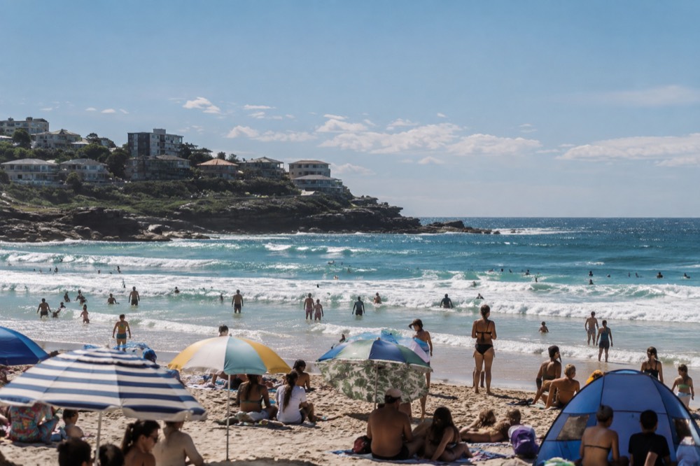 A busy Sydney beach in summer with umbrellas and surf between the flags