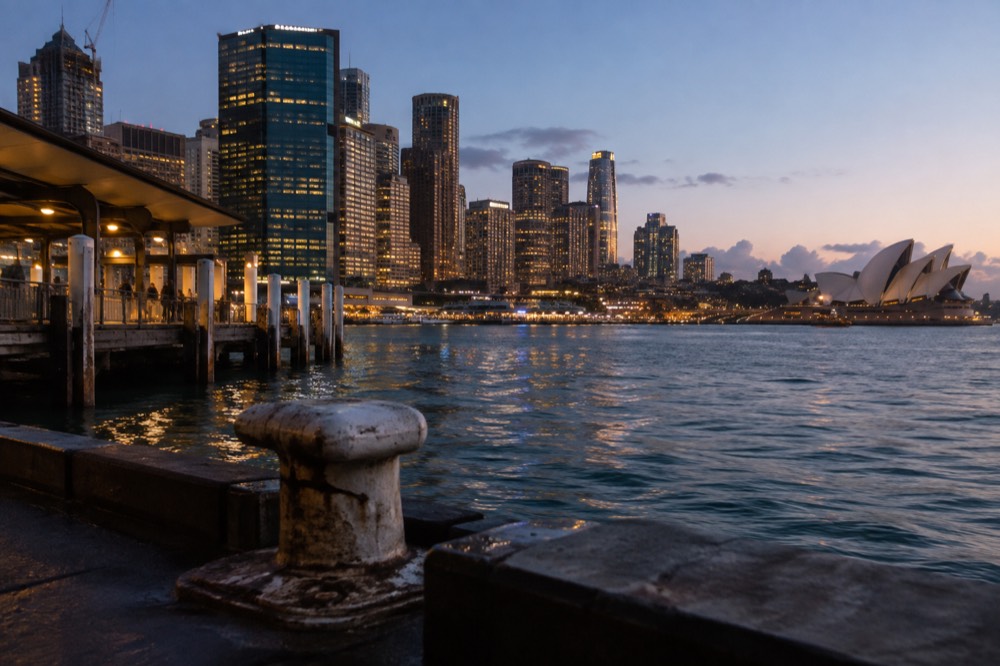 Sydney's city skyline at golden hour with holiday lights beginning to glow along the waterfront