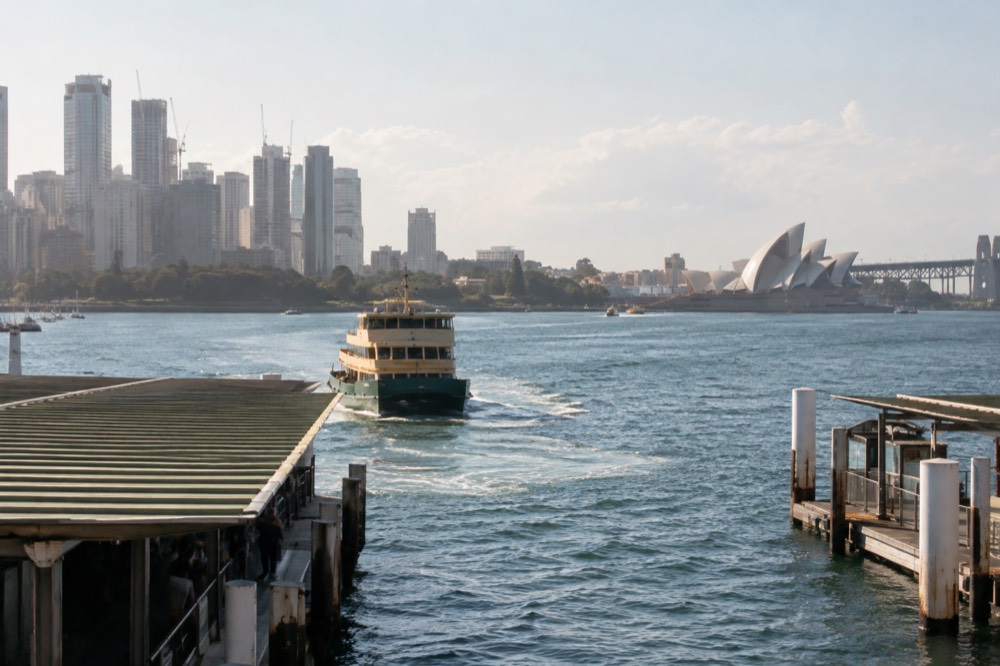 A Sydney ferry crossing the harbour towards the city skyline