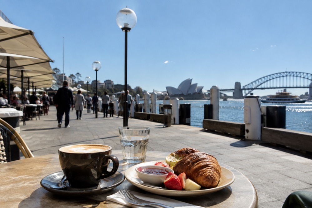 A cafe table with coffee and breakfast on a Sydney street