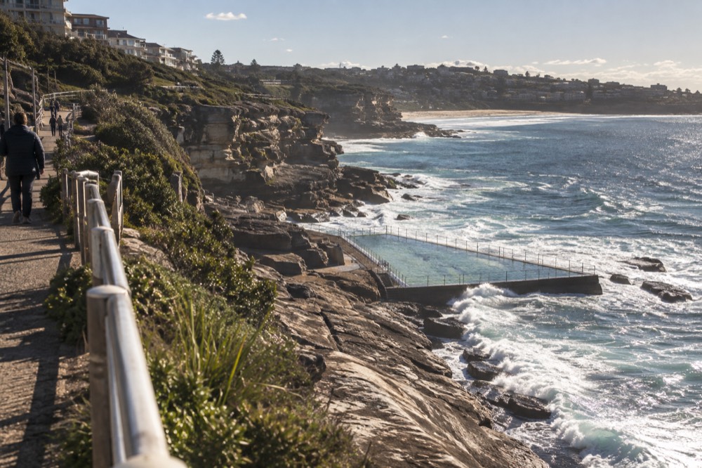 Sandstone cliffs and the coastal path above an ocean pool at Bronte