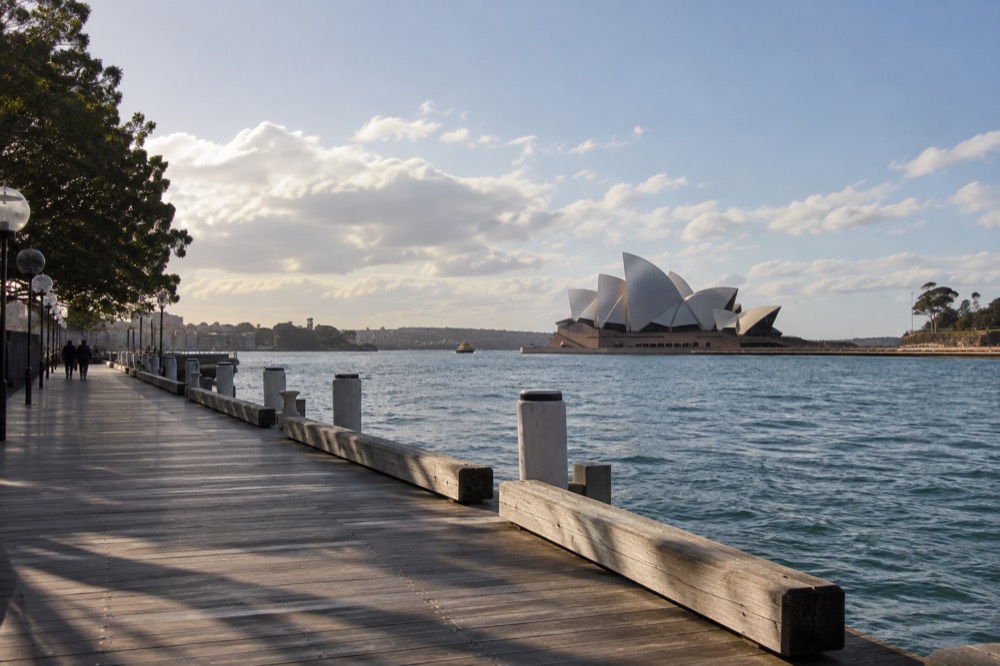 Empty boardwalk along the harbour foreshore with the Opera House in the distance
