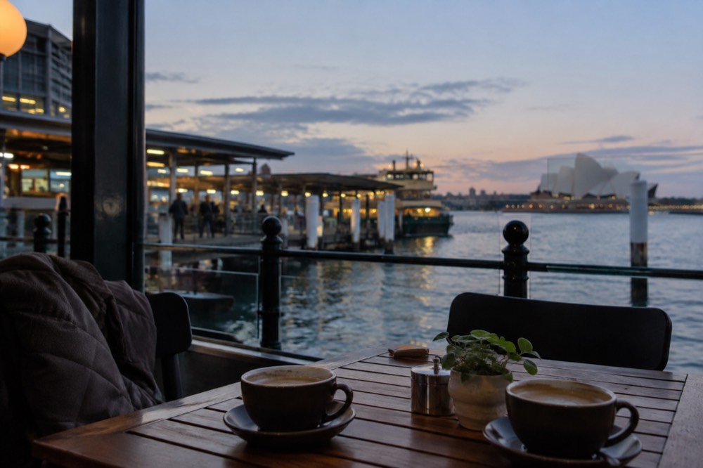 Warm jackets and coffee cups on an outdoor table at a Sydney cafe in winter