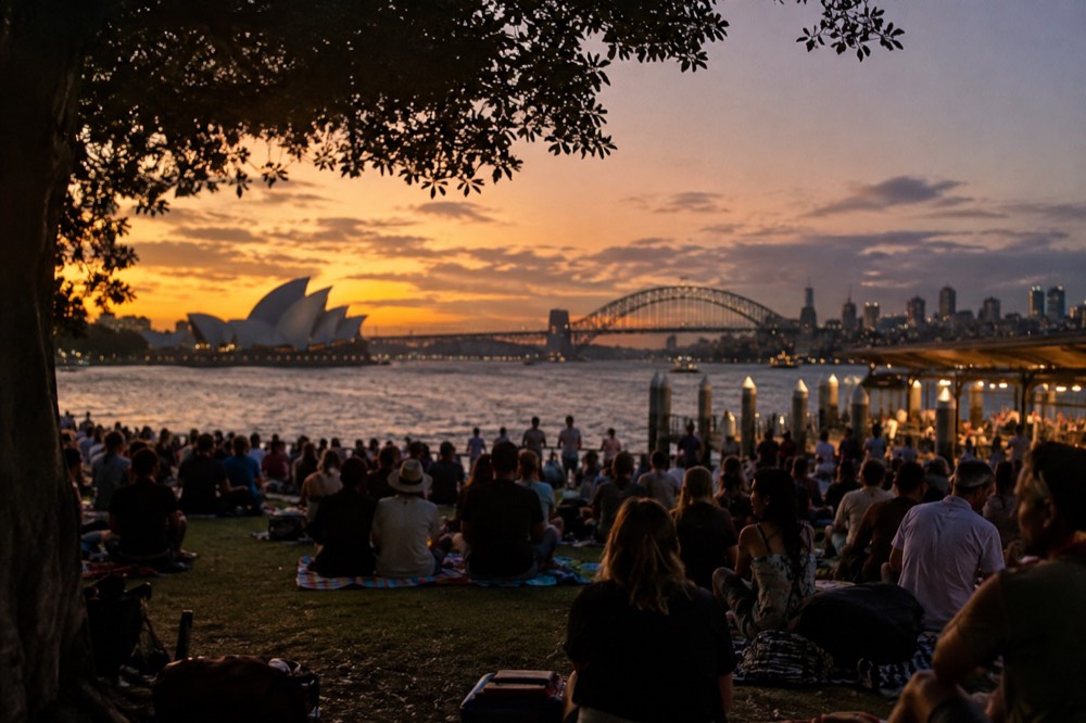 Crowds gathered on grass at a harbourside park with picnic blankets before the fireworks