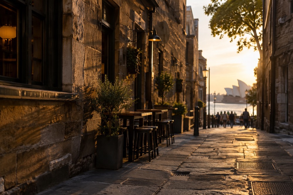 Sandstone laneway in The Rocks with old pub facades in afternoon light