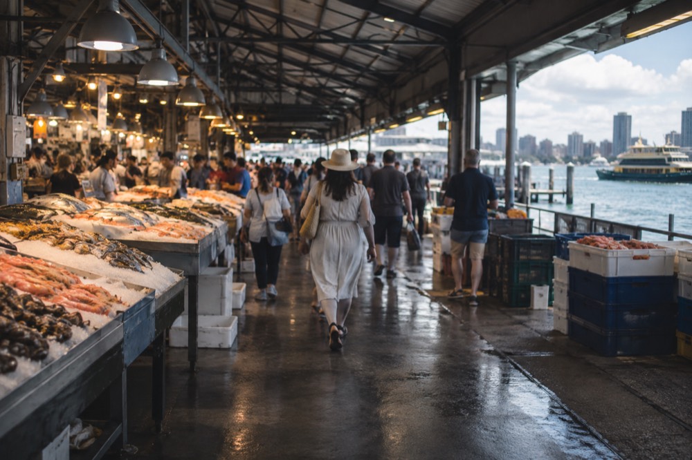 A covered market hall with seafood stalls and crowds under warm lighting