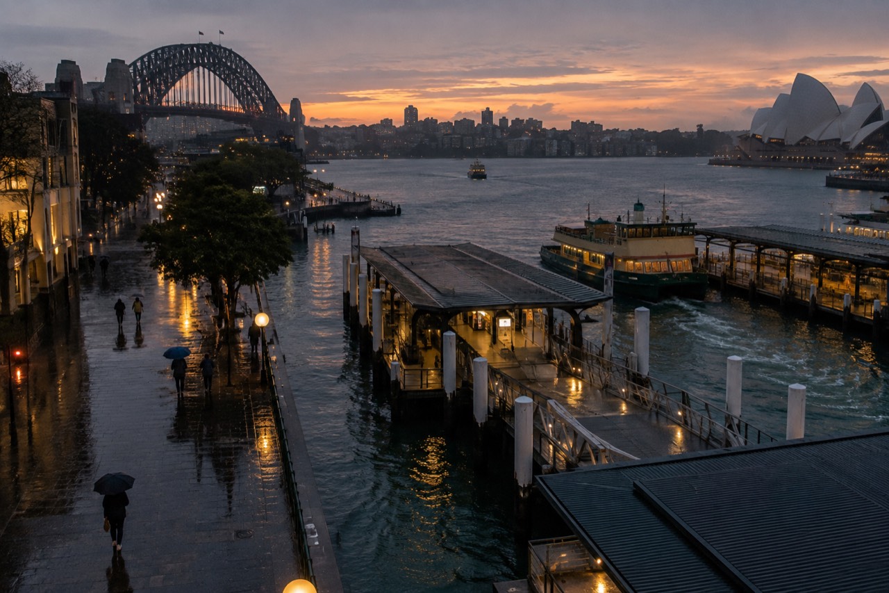 Rain falling on a quiet Sydney street with wet pavement reflecting shop lights