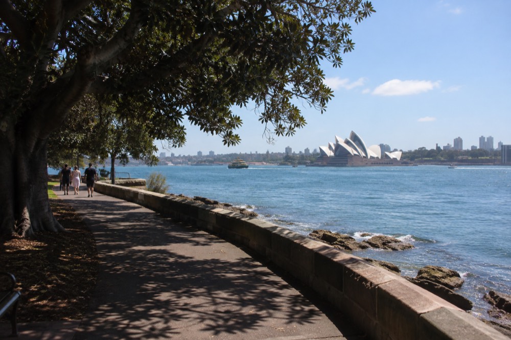 The Royal Botanic Garden shoreline path with the Opera House visible across Farm Cove